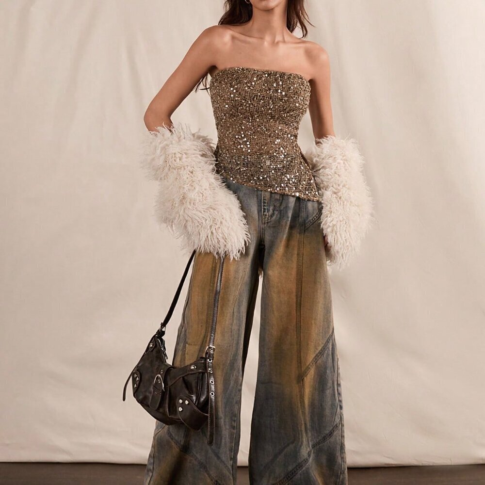 Brown Party Women's Sparkling Sequin Tube Top